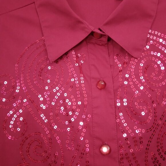 Bob Mackie | Cotton Sequin Shirt Blouse Dark Red Button Front | Size L - Picture 5 of 9